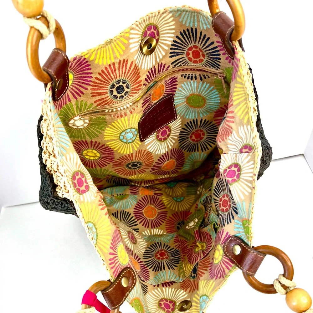Vintage Fossil Crochet Straw Handbag with Wood Handles accents